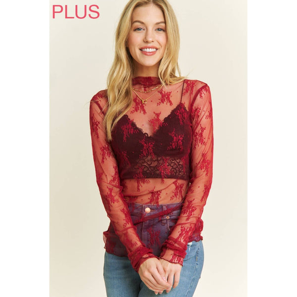 PLUS SIZE MESH LACE HIGH NECK DESIGN LONG SLEEVE FITTED TOP