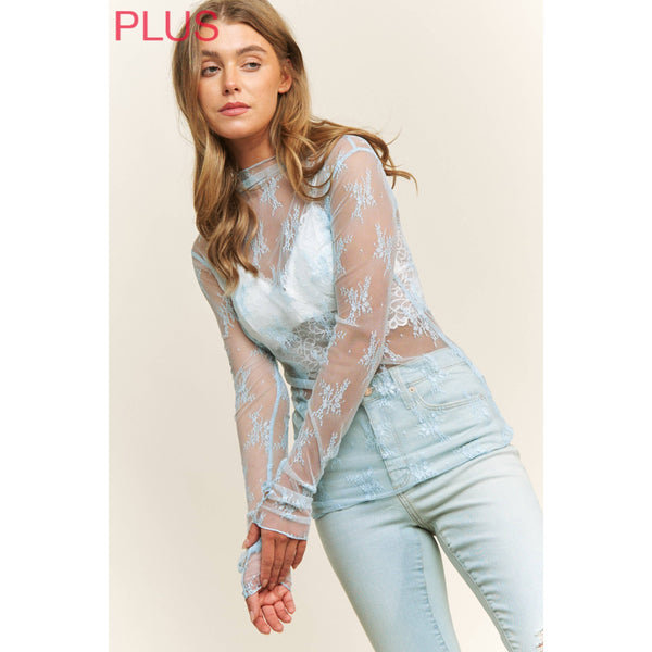 PLUS SIZE MESH LACE HIGH NECK DESIGN LONG SLEEVE FITTED TOP
