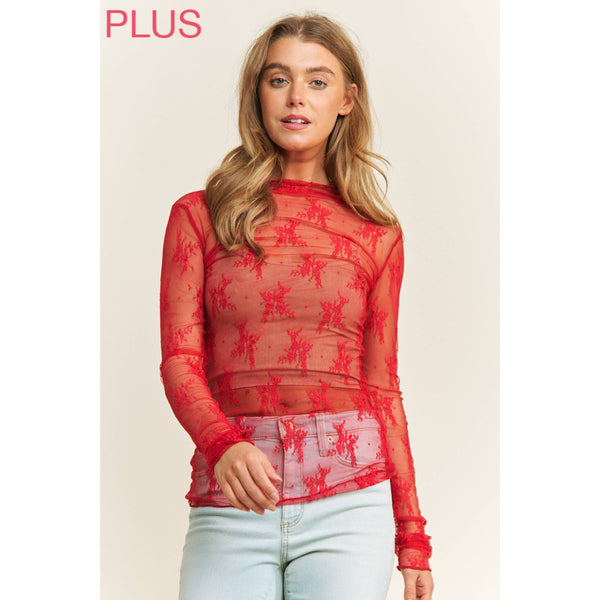 PLUS SIZE MESH LACE HIGH NECK DESIGN LONG SLEEVE FITTED TOP