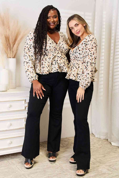 Touch of Elegance Tied Plunge Peplum Blouse