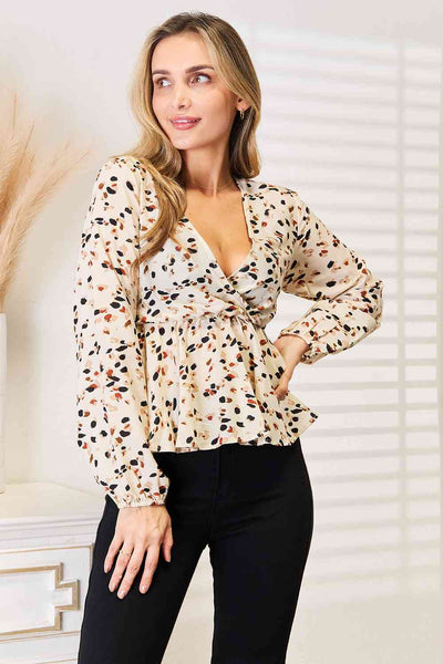 Touch of Elegance Tied Plunge Peplum Blouse