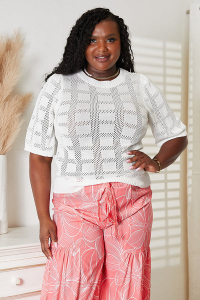 Double Take Ribbed Trim Round Neck Knit Top