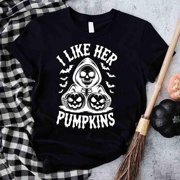 I Like Her Pumpkins & His Broomstick Shirts | Funny Matching Halloween Couple T-Shirts