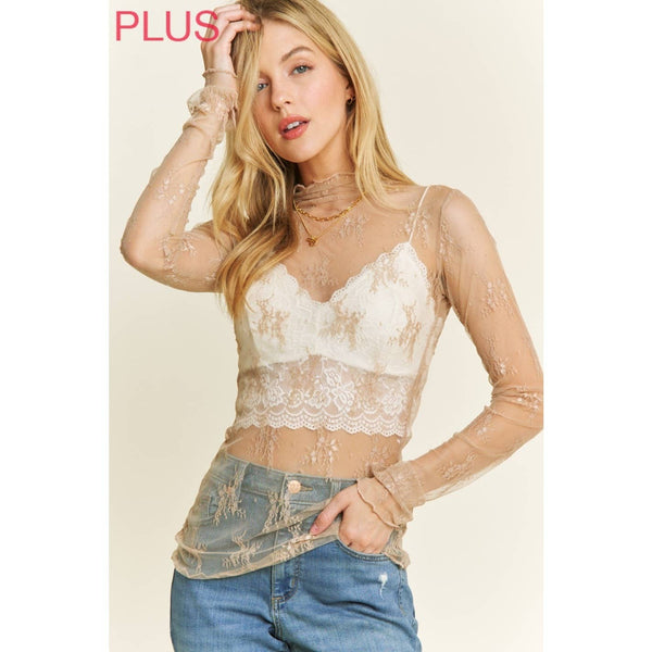 PLUS SIZE MESH LACE HIGH NECK DESIGN LONG SLEEVE FITTED TOP
