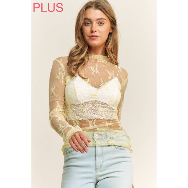 PLUS SIZE MESH LACE HIGH NECK DESIGN LONG SLEEVE FITTED TOP