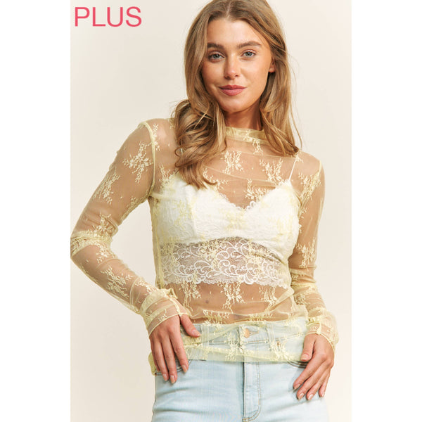 PLUS SIZE MESH LACE HIGH NECK DESIGN LONG SLEEVE FITTED TOP