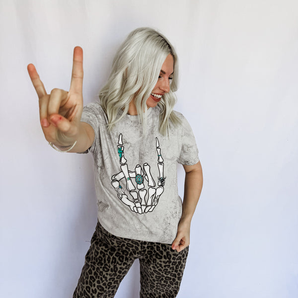 Turquoise Skeleton Peace Sign Graphic Tee - Ruby Rebellion
