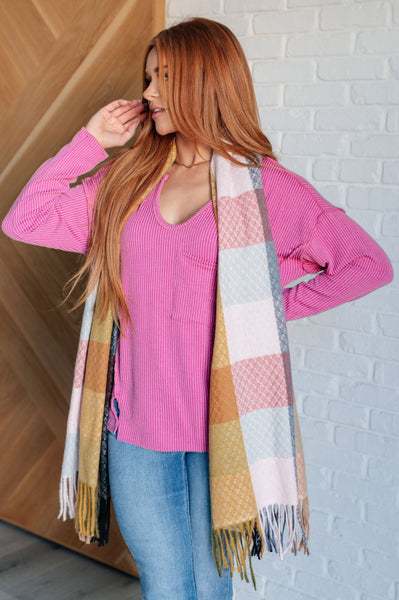 Keep Me Cozy Checkered Fringe Scarf in Pine and Petals - Ruby Rebellion