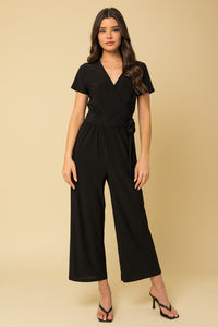 She Means Business Black Cropped Jumpsuit with Faux Wrap