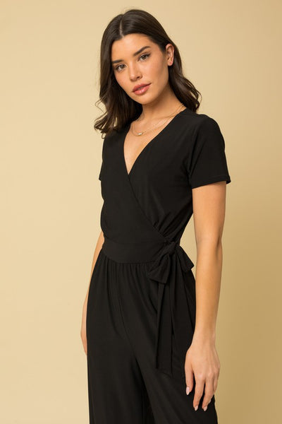 She Means Business Black Cropped Jumpsuit with Faux Wrap