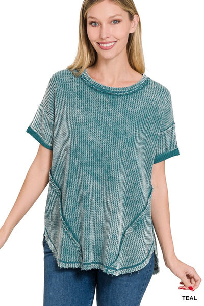 WASHED WAFFLE ROLLED UP SHORT SLEEVE TOP