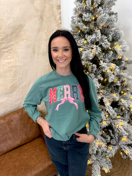 Merry Patterned Bow Short or Long Sleeve Graphic Tees
