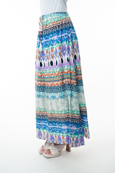 Printed Elastic Waist Band Long Skirt with Tassels in Sage Combo - Ruby Rebellion