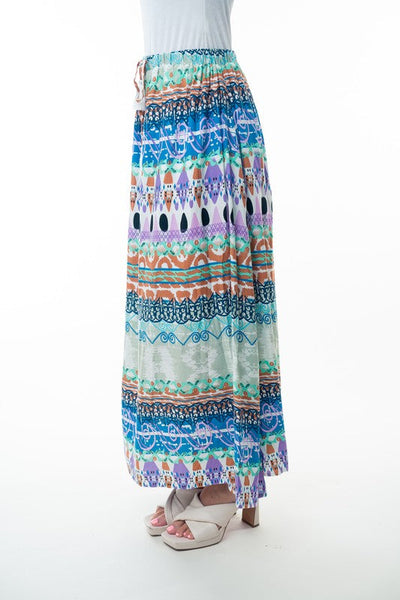 Printed Elastic Waist Band Long Skirt with Tassels in Sage Combo - Ruby Rebellion