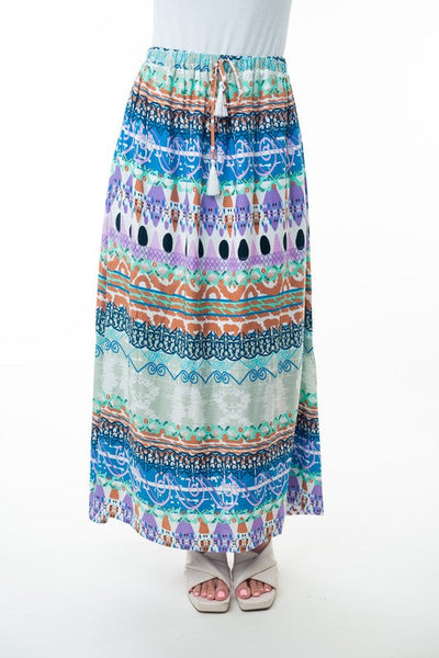 Printed Elastic Waist Band Long Skirt with Tassels in Sage Combo - Ruby Rebellion