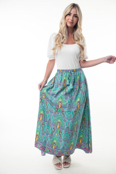 Printed Elastic Waist Band Long Skirt with Tassels in Mint Combo - Ruby Rebellion