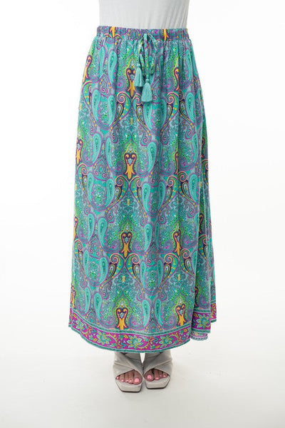 Printed Elastic Waist Band Long Skirt with Tassels in Mint Combo - Ruby Rebellion