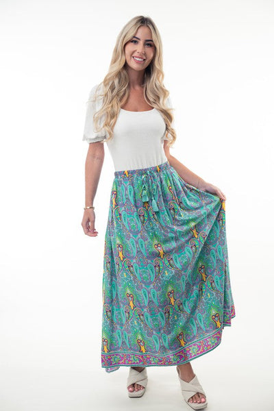 Printed Elastic Waist Band Long Skirt with Tassels in Mint Combo - Ruby Rebellion