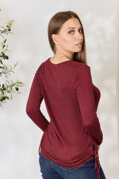 Fill My Glass Drawstring Round Neck Long Sleeve Top