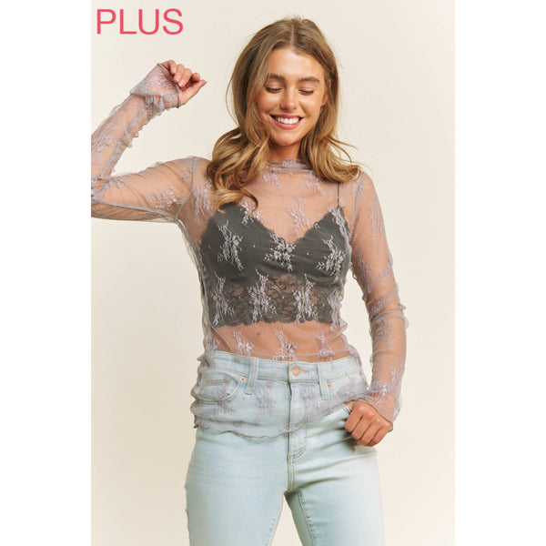 PLUS SIZE MESH LACE HIGH NECK DESIGN LONG SLEEVE FITTED TOP