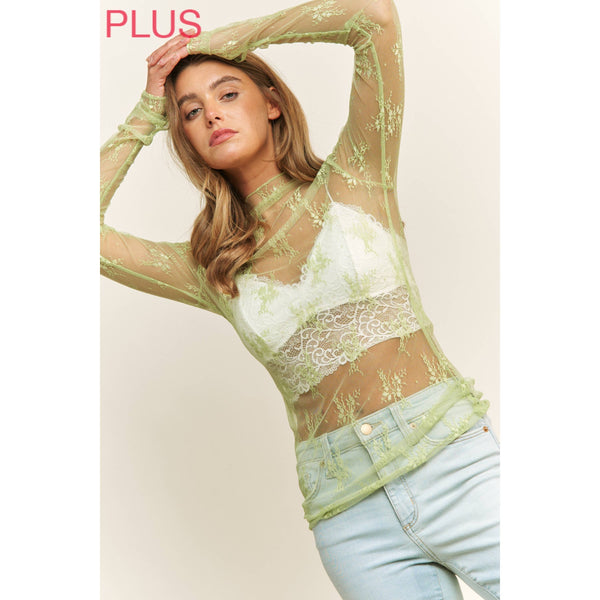 PLUS SIZE MESH LACE HIGH NECK DESIGN LONG SLEEVE FITTED TOP