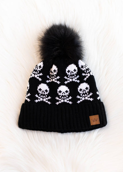 Black Skull Pattern Pom Hat