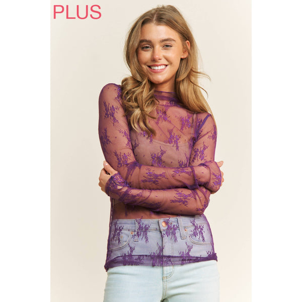PLUS SIZE MESH LACE HIGH NECK DESIGN LONG SLEEVE FITTED TOP
