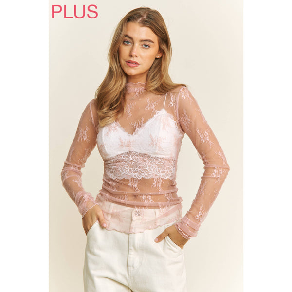 PLUS SIZE MESH LACE HIGH NECK DESIGN LONG SLEEVE FITTED TOP