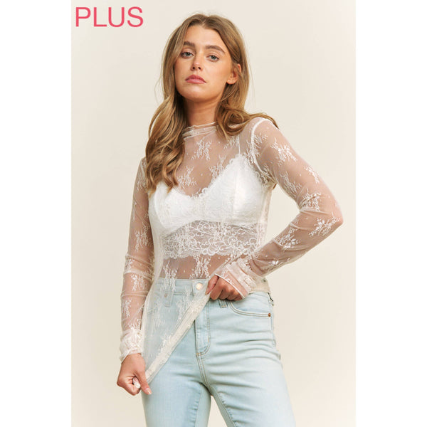 PLUS SIZE MESH LACE HIGH NECK DESIGN LONG SLEEVE FITTED TOP