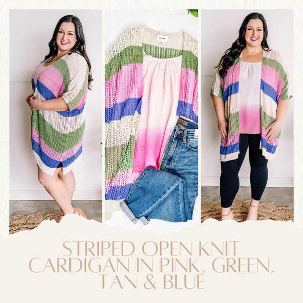 Striped Open Knit Cardigan In Pink, Green, Tan & Blue