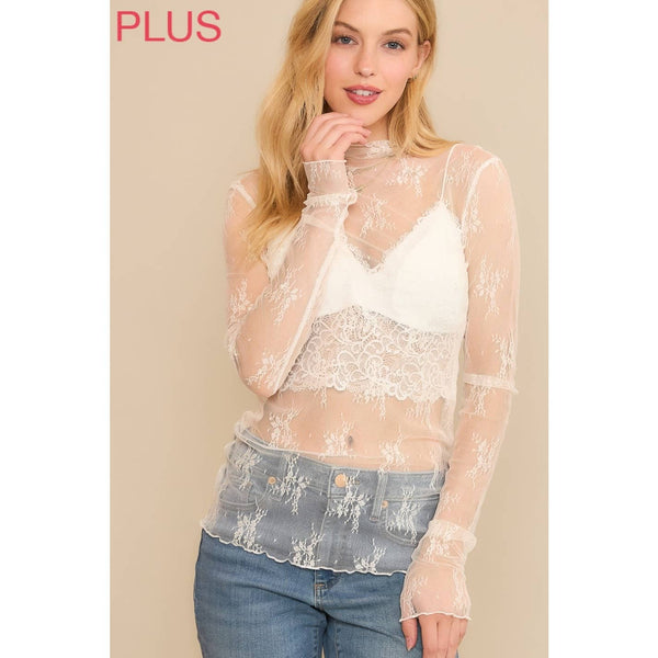 PLUS SIZE MESH LACE HIGH NECK DESIGN LONG SLEEVE FITTED TOP
