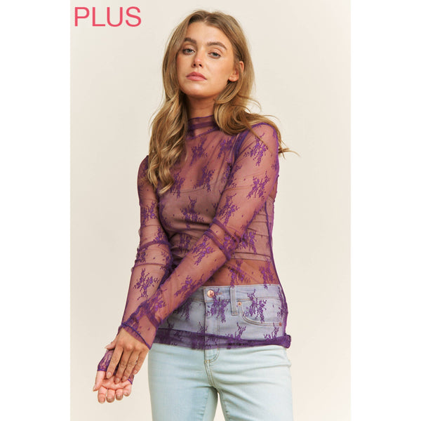 PLUS SIZE MESH LACE HIGH NECK DESIGN LONG SLEEVE FITTED TOP