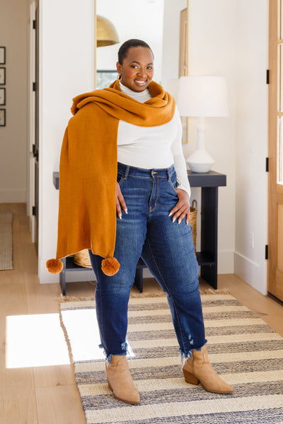Knitted Fuzzy Pom Pom Scarf In Ginger - Ruby Rebellion