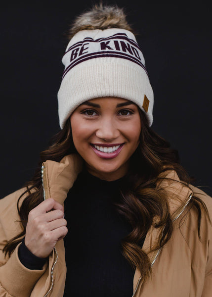 Beige & Burgundy Be Kind Pom Hat