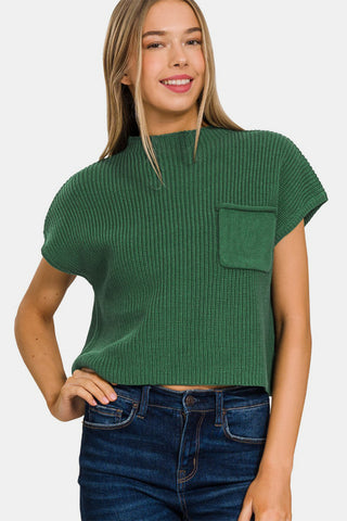 Green with Envy Mock Neck Short Sleeve Cropped Sweater