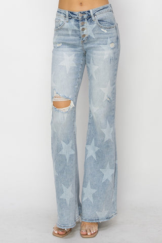RISEN Mid Rise Button Fly Star Print Flare Jeans