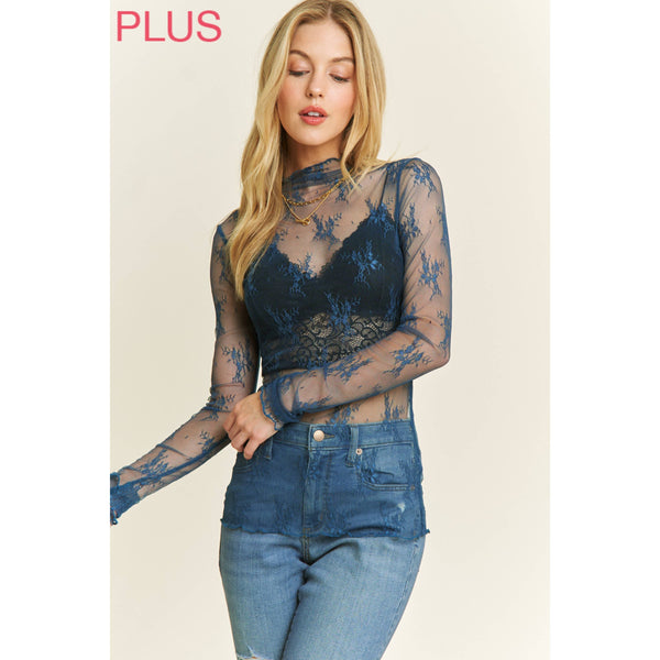 PLUS SIZE MESH LACE HIGH NECK DESIGN LONG SLEEVE FITTED TOP
