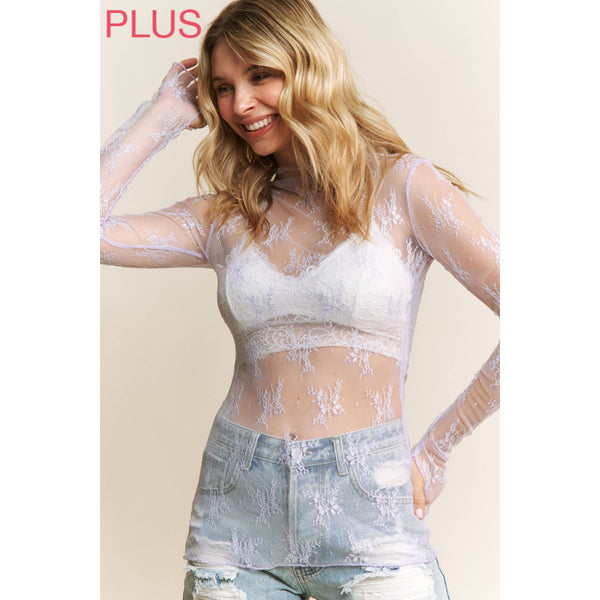 PLUS SIZE MESH LACE HIGH NECK DESIGN LONG SLEEVE FITTED TOP