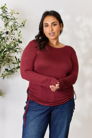 Fill My Glass Drawstring Round Neck Long Sleeve Top