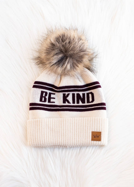 Beige & Burgundy Be Kind Pom Hat