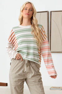 Tasha Apparel Color Block Stripe Long Sleeve Relaxed Knit Top