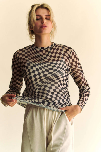 CHECKERED MESH LONG SLEEVE LAYERING TOP