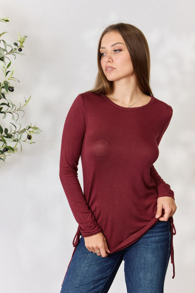 Fill My Glass Drawstring Round Neck Long Sleeve Top