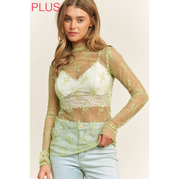 PLUS SIZE MESH LACE HIGH NECK DESIGN LONG SLEEVE FITTED TOP
