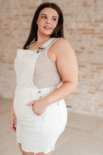 Anna High Rise Garment Dyed Cutoff Shortalls in Ecru - Ruby Rebellion