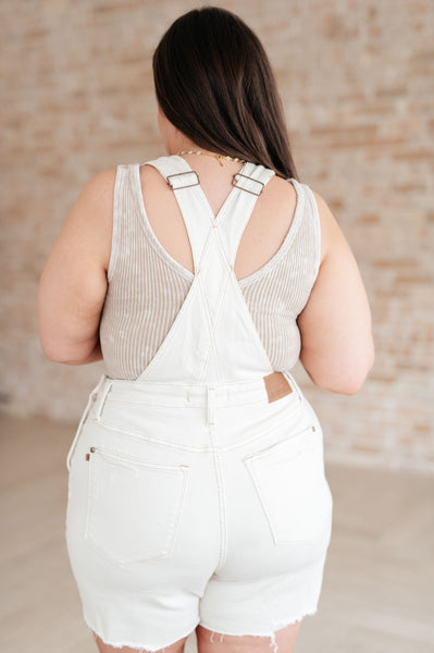 Anna High Rise Garment Dyed Cutoff Shortalls in Ecru - Ruby Rebellion