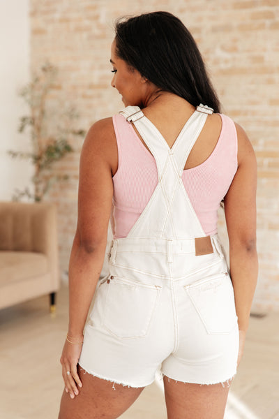 Anna High Rise Garment Dyed Cutoff Shortalls in Ecru - Ruby Rebellion