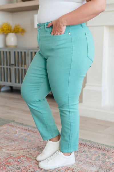 Bridgette High Rise Garment Dyed Slim Jeans in Aquamarine - Ruby Rebellion