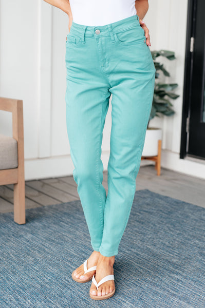 Bridgette High Rise Garment Dyed Slim Jeans in Aquamarine - Ruby Rebellion