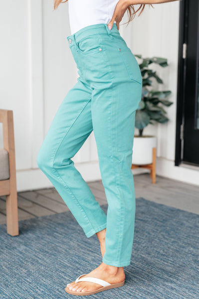 Bridgette High Rise Garment Dyed Slim Jeans in Aquamarine - Ruby Rebellion